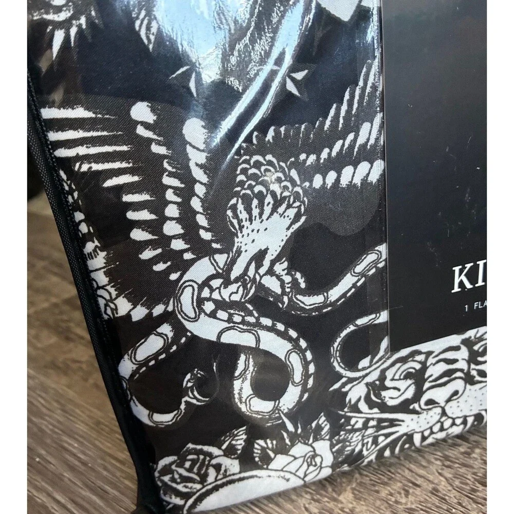 Ed Hardy Black w/White Tigers, Skulls, Cobras Tattoo Print 4pc KING Sheet Set
